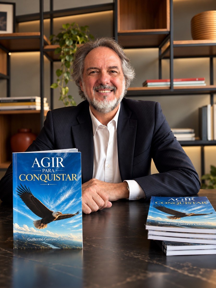 Guillermo Gustavo Colombo à mesa, com um exemplar de Agir para Conquistar em pé e uma pilha ao lado